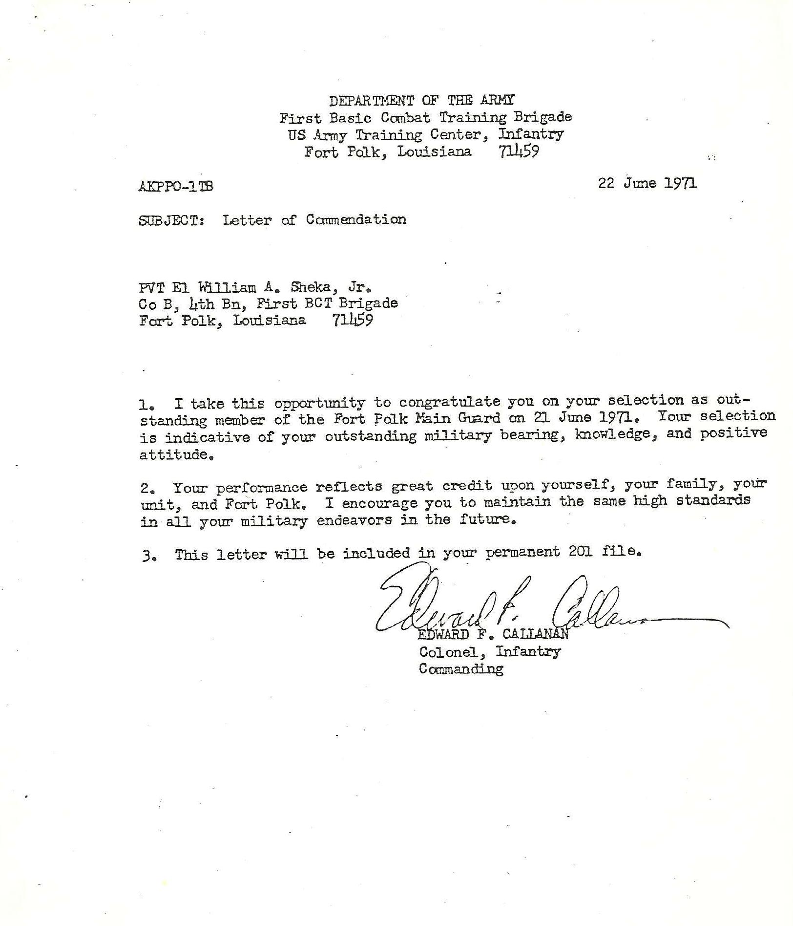 letter-of-commendation-for-william-a-sheka-jr-from-col-edward-f-call-fort-polk-22-june-1971-for-being-chosen-outstanding-soldier-of-the-fort-polk-main-gurard